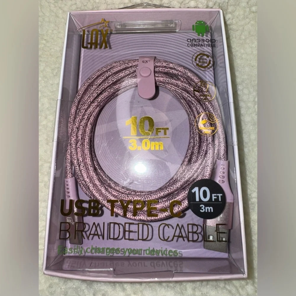 LAX Pink USB Type-C Braided Cable - 10ft, Android Compatible, NEW in Box